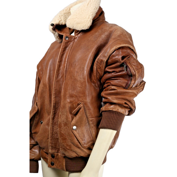 Vintage Midway Brown Leather Zipper Bomber Jacket Size 40 Sheep Shearling Collar - Picture 1 of 16